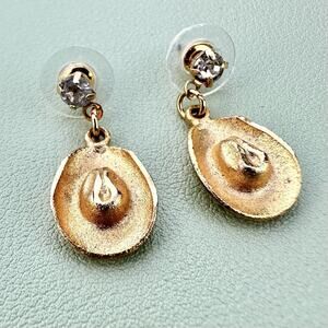 Vintage Rhinestone Cowboy Hat Gold Tone Dangle Post Earrings Cowgirl Western